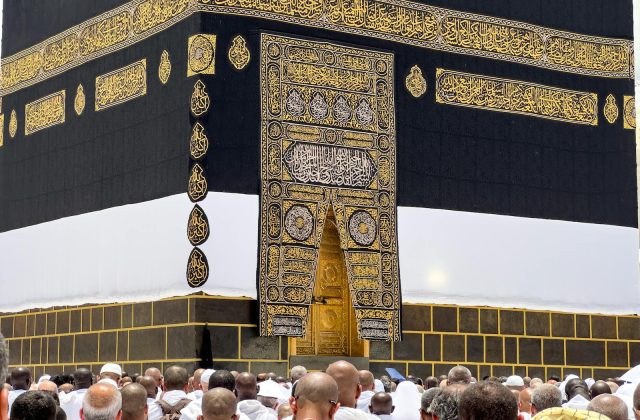 A gathering of pilgrims around the sacred Kaaba in Mecca, a significant Islamic site.