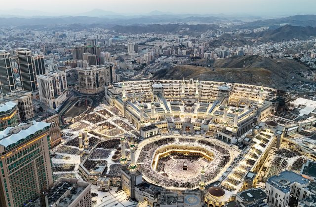 Aerial view Mecca skyline , Makkah city Saudi Arabia, Makkah Clock Tower - Masjid Al Haram drone