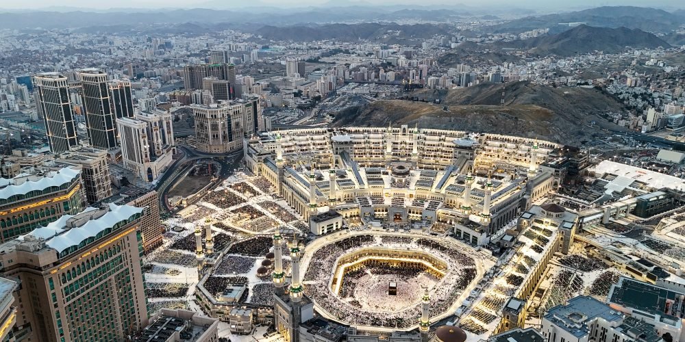 Aerial view Mecca skyline , Makkah city Saudi Arabia, Makkah Clock Tower - Masjid Al Haram drone